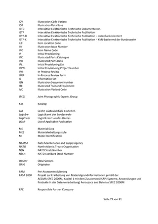 ICV
IDB
IETD
IETP
IETP-D
IETP-X
ILC
IIN
INC
IP
IPC
IPD
IPL
IPPN
IPR
IPRF
IS
ISN
ITE
IVC

Illustration Code Variant
Illustration Data Base
Interaktive Elektronische Technische Dokumentation
Interaktive Elektronische Technische Publikation
Interaktive Elektronische Technische Publikation – datenbankorientiert
Interaktive Elektronische Technische Publikation – XML-basierend der Bundeswehr
Item Location Code
Illustration Issue Number
Item Name Code
Initial Provisioning
Illustrated Parts Catalogue
Illustrated Parts Data
Initial Provisioning List
Initial Provisioning Project Number
In-Process Review
In-Process Review Form
Information Set
Illustration Sequence Number
Illustrated Tool and Equipment
Illustration Variant Code

JPEG

Joint Photographic Experts Group

Kat

Katalog

LAE
LogABw
LogZHeer
LOAP

Leicht austauschbare Einheiten
Logistikamt der Bundeswehr
Logistikzentrum des Heeres
List of Applicable Publication

MD
MES
MI

Material Data
Materialerhaltungsstufe
Model Identification

NAMSA
NATO
NSN
NSSN

Nato Maintenance and Supply Agency
North Atlantic Treaty Organisation
NATO Stock Number
NATO Standard Stock Number

OBSINF
ORIG

Observations
Originator

PAM
PASA 2000

Pre-Assessment Meeting
Projekt zur Erarbeitung von Materialgrundinformationen gemäß der
AECMA-SPEC 2000M, Kapitel 1 mit dem Zusatzmodul SAP (Systeme, Anwendungen und
Produkte in der Datenverarbeitung) Aerospace and Defense SPEC 2000M

RPC

Responsible Partner Company
Seite 79 von 81

 