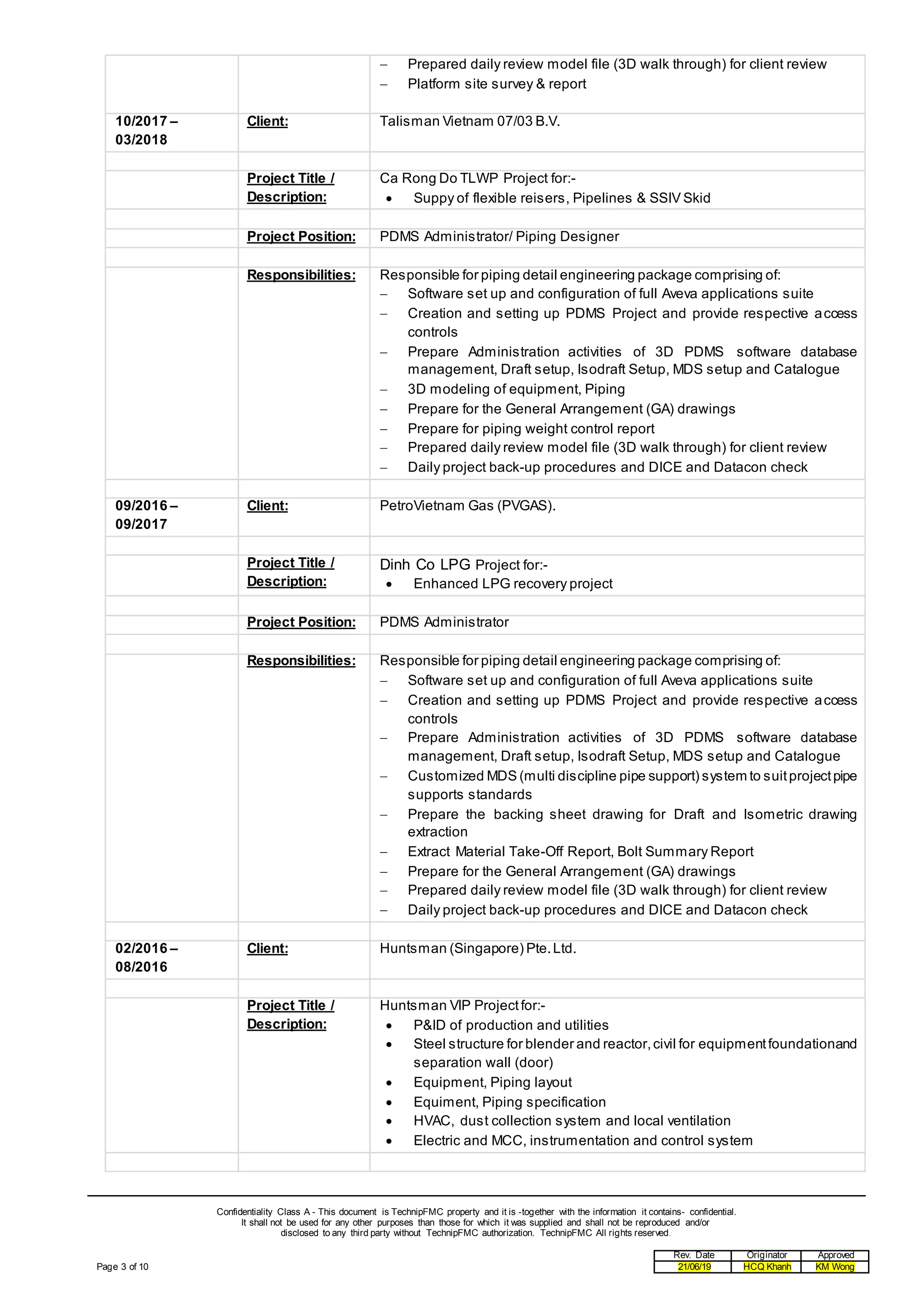 Confidentiality Class A - This document is TechnipFMC property and it is -together with the information it contains- confidential.
It shall not be used for any other purposes than those for which it was supplied and shall not be reproduced and/or
disclosed to any third party without TechnipFMC authorization. TechnipFMC All rights reserved.
Page 3 of 10
Rev. Date Originator Approved
21/06/19 HCQ Khanh KM Wong
 Prepared daily review model file (3D walk through) for client review
 Platform site survey & report
10/2017 –
03/2018
Client: Talisman Vietnam 07/03 B.V.
Project Title /
Description:
Ca Rong Do TLWP Project for:-
 Suppy of flexible reisers, Pipelines & SSIV Skid
Project Position: PDMS Administrator/ Piping Designer
Responsibilities: Responsible for piping detail engineering package comprising of:
 Software set up and configuration of full Aveva applications suite
 Creation and setting up PDMS Project and provide respective access
controls
 Prepare Administration activities of 3D PDMS software database
management, Draft setup, Isodraft Setup, MDS setup and Catalogue
 3D modeling of equipment, Piping
 Prepare for the General Arrangement (GA) drawings
 Prepare for piping weight control report
 Prepared daily review model file (3D walk through) for client review
 Daily project back-up procedures and DICE and Datacon check
09/2016 –
09/2017
Client: PetroVietnam Gas (PVGAS).
Project Title /
Description:
Dinh Co LPG Project for:-
 Enhanced LPG recovery project
Project Position: PDMS Administrator
Responsibilities: Responsible for piping detail engineering package comprising of:
 Software set up and configuration of full Aveva applications suite
 Creation and setting up PDMS Project and provide respective access
controls
 Prepare Administration activities of 3D PDMS software database
management, Draft setup, Isodraft Setup, MDS setup and Catalogue
 Customized MDS (multi discipline pipe support) system to suitprojectpipe
supports standards
 Prepare the backing sheet drawing for Draft and Isometric drawing
extraction
 Extract Material Take-Off Report, Bolt Summary Report
 Prepare for the General Arrangement (GA) drawings
 Prepared daily review model file (3D walk through) for client review
 Daily project back-up procedures and DICE and Datacon check
02/2016 –
08/2016
Client: Huntsman (Singapore) Pte.Ltd.
Project Title /
Description:
Huntsman VIP Projectfor:-
 P&ID of production and utilities
 Steel structure for blender and reactor,civil for equipmentfoundationand
separation wall (door)
 Equipment, Piping layout
 Equiment, Piping specification
 HVAC, dust collection system and local ventilation
 Electric and MCC, instrumentation and control system
 