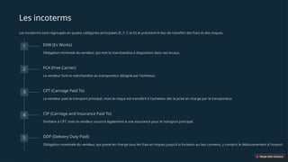 Les incoterms
Les incoterms sont regroupés en quatre catégories principales (E, F, C et D) et précisent le lieu de transfert des frais et des risques.
1 EXW (Ex Works)
Obligation minimale du vendeur, qui met la marchandise à disposition dans ses locaux.
2 FCA (Free Carrier)
Le vendeur livre la marchandise au transporteur désigné par l'acheteur.
3 CPT (Carriage Paid To)
Le vendeur paie le transport principal, mais le risque est transféré à l'acheteur dès la prise en charge par le transporteur.
4 CIP (Carriage and Insurance Paid To)
Similaire à CPT, mais le vendeur souscrit également à une assurance pour le transport principal.
5 DDP (Delivery Duty Paid)
Obligation maximale du vendeur, qui prend en charge tous les frais et risques jusqu'à la livraison au lieu convenu, y compris le dédouanement à l'import.
 