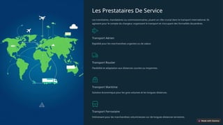 Les Prestataires De Service
Les transitaires, mandataires ou commissionnaires, jouent un rôle crucial dans le transport international. Ils
agissent pour le compte du chargeur, organisant le transport et s'occupant des formalités douanières.
Transport Aérien
Rapidité pour les marchandises urgentes ou de valeur.
Transport Routier
Flexibilité et adaptation aux distances courtes ou moyennes.
Transport Maritime
Solution économique pour les gros volumes et les longues distances.
Transport Ferroviaire
Intéressant pour les marchandises volumineuses sur de longues distances terrestres.
 