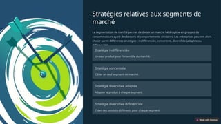 Stratégies relatives aux segments de
marché
La segmentation de marché permet de diviser un marché hétérogène en groupes de
consommateurs ayant des besoins et comportements similaires. Les entreprises peuvent alors
choisir parmi différentes stratégies : indifférenciée, concentrée, diversifiée (adaptée ou
différenciée).
Stratégie indifférenciée
Un seul produit pour l'ensemble du marché.
Stratégie concentrée
Cibler un seul segment de marché.
Stratégie diversifiée adaptée
Adapter le produit à chaque segment.
Stratégie diversifiée différenciée
Créer des produits différents pour chaque segment.
 