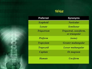 Wrist
Preferred Synonyms
Scaphoid Navicular
Lunate Semilunar
Triquetrum Triquetral, cuneiform,
or triangular
Pisiform (none)
Trapezium Greater multangular
Trapezoid Lesser multangular
Capitate Os magnum
Hamate Unciform
 