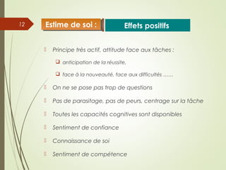  Principe très actif, attitude face aux tâches :
 anticipation de la réussite,
 face à la nouveauté, face aux difficultés ……
 On ne se pose pas trop de questions
 Pas de parasitage, pas de peurs, centrage sur la tâche
 Toutes les capacités cognitives sont disponibles
 Sentiment de confiance
 Connaissance de soi
 Sentiment de compétence
12 Effets positifsEstime de soi :Estime de soi :
 