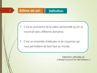 3
 C'est la conscience de la valeur personnelle qu'on se
reconnaît dans différents domaines.
 C'est un ensemble d'attitudes et de croyances qui
nous permettent de faire face au monde.
Définition
Définition officielle du
« World Council for Self Esteem ».
Estime de soi :Estime de soi :
 
