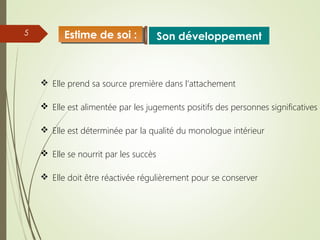 5
 Elle prend sa source première dans l’attachement
 Elle est alimentée par les jugements positifs des personnes significatives
 Elle est déterminée par la qualité du monologue intérieur
 Elle se nourrit par les succès
 Elle doit être réactivée régulièrement pour se conserver
Son développementEstime de soi :Estime de soi :
 