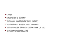 • ETAPE 5
• INTERPRÉTER LE RÉSULTAT
• TEST POSILF S’IL APPARAIT 2 TRAITS EN C ET T
• TEST NÉGALF S’ILAPPARAIT 1 SEUL TRAIT EN C
• TEST INVALIDE S’IL N’APPARAIT DE TRAIT NI EN T, NI EN C
• ENREGISTRER LES RÉSULTATS
 