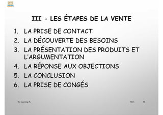 III - LES ÉTAPES DE LA VENTE
1. LA PRISE DE CONTACT
2. LA DÉCOUVERTE DES BESOINS
3. LA PRÉSENTATION DES PRODUITS ET
L’ARGUMENTATION
4. LA RÉPONSE AUX OBJECTIONS
5. LA CONCLUSION
6. LA PRISE DE CONGÉS
My Learning Tv 15
MLTv
 