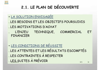 2.1. LE PLAN DE DÉCOUVERTE
• LA SOLUTION ENVISAGÉE
. LES BESOINS ET LES OBJECTIFS POURSUIVIS
. LES MOTIVATIONS D’ACHAT
. L’ENJEU TECHNIQUE, COMMERCIAL ET
FINANCIER
• LES CONDITIONS DE RÉUSSITE
. LES ATTENTES ET LES RÉSULTATS ESCOMPTÉS
. LES CONTRAINTES À RESPECTER
. LES SUITES À PRÉVOIR
My Learning Tv 26
MLTv
 