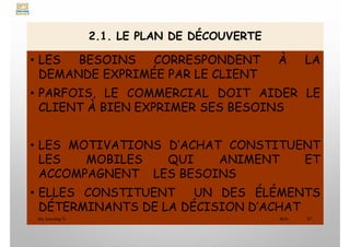 2.1. LE PLAN DE DÉCOUVERTE
• LES BESOINS CORRESPONDENT À LA
DEMANDE EXPRIMÉE PAR LE CLIENT
• PARFOIS, LE COMMERCIAL DOIT AIDER LE
CLIENT À BIEN EXPRIMER SES BESOINS
• LES MOTIVATIONS D’ACHAT CONSTITUENT
LES MOBILES QUI ANIMENT ET
ACCOMPAGNENT LES BESOINS
• ELLES CONSTITUENT UN DES ÉLÉMENTS
DÉTERMINANTS DE LA DÉCISION D’ACHAT
My Learning Tv 27
MLTv
 