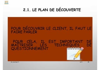 2.1. LE PLAN DE DÉCOUVERTE
POUR DÉCOUVRIR LE CLIENT, IL FAUT LE
FAIRE PARLER
POUR CELA, IL EST IMPORTANT DE
MAÎTRISER LES TECHNIQUES DE
QUESTIONNEMENT
My Learning Tv 28
MLTv
 