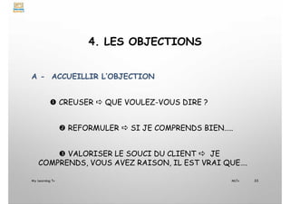 4. LES OBJECTIONS
A - ACCUEILLIR L’OBJECTION
 CREUSER  QUE VOULEZ-VOUS DIRE ?
 REFORMULER  SI JE COMPRENDS BIEN…..
 VALORISER LE SOUCI DU CLIENT  JE
COMPRENDS, VOUS AVEZ RAISON, IL EST VRAI QUE….
My Learning Tv 55
MLTv
 