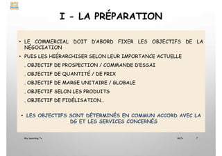 I - LA PRÉPARATION
• LE COMMERCIAL DOIT D’ABORD FIXER LES OBJECTIFS DE LA
NÉGOCIATION
• PUIS LES HIÉRARCHISER SELON LEUR IMPORTANCE ACTUELLE
. OBJECTIF DE PROSPECTION / COMMANDE D’ESSAI
. OBJECTIF DE QUANTITÉ / DE PRIX
. OBJECTIF DE MARGE UNITAIRE / GLOBALE
. OBJECTIF SELON LES PRODUITS
. OBJECTIF DE FIDÉLISATION…
• LES OBJECTIFS SONT DÉTERMINÉS EN COMMUN ACCORD AVEC LA
DG ET LES SERVICES CONCERNÉS
My Learning Tv 7
MLTv
 