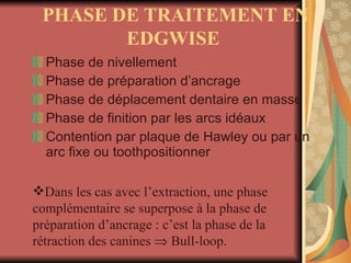 Phase de nivellement  Phase de préparation d’ancrage Phase de déplacement dentaire en masse Phase de finition par les arcs idéaux Contention par plaque de Hawley ou par un arc fixe ou toothpositionner  Dans les cas avec l’extraction, une phase complémentaire se superpose à la phase de préparation d’ancrage : c’est la phase de la rétraction des canines    Bull-loop. PHASE DE TRAITEMENT EN EDGWISE  