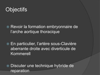 Objectifs
 Revoir la formation embryonnaire de
l’arche aortique thoracique
 En particulier, l’artère sous-Clavière
aberrante droite avec diverticule de
Kommerell
 Discuter une technique hybride de
reparation
 