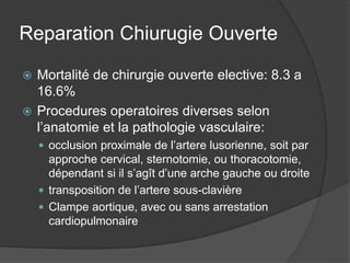 Reparation Chiurugie Ouverte
 Mortalité de chirurgie ouverte elective: 8.3 a
16.6%
 Procedures operatoires diverses selon
l’anatomie et la pathologie vasculaire:
 occlusion proximale de l’artere lusorienne, soit par
approche cervical, sternotomie, ou thoracotomie,
dépendant si il s’agît d’une arche gauche ou droite
 transposition de l’artere sous-clavière
 Clampe aortique, avec ou sans arrestation
cardiopulmonaire
 