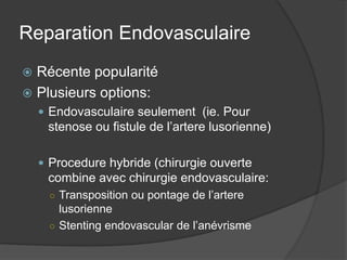 Reparation Endovasculaire
 Récente popularité
 Plusieurs options:
 Endovasculaire seulement (ie. Pour
stenose ou fistule de l’artere lusorienne)
 Procedure hybride (chirurgie ouverte
combine avec chirurgie endovasculaire:
○ Transposition ou pontage de l’artere
lusorienne
○ Stenting endovascular de l’anévrisme
 