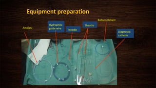 Equipment preparation
Amplatz
Hydrophilic
guide wire Needle
Sheaths
Balloon Reliant
Diagnostic
catheter
 