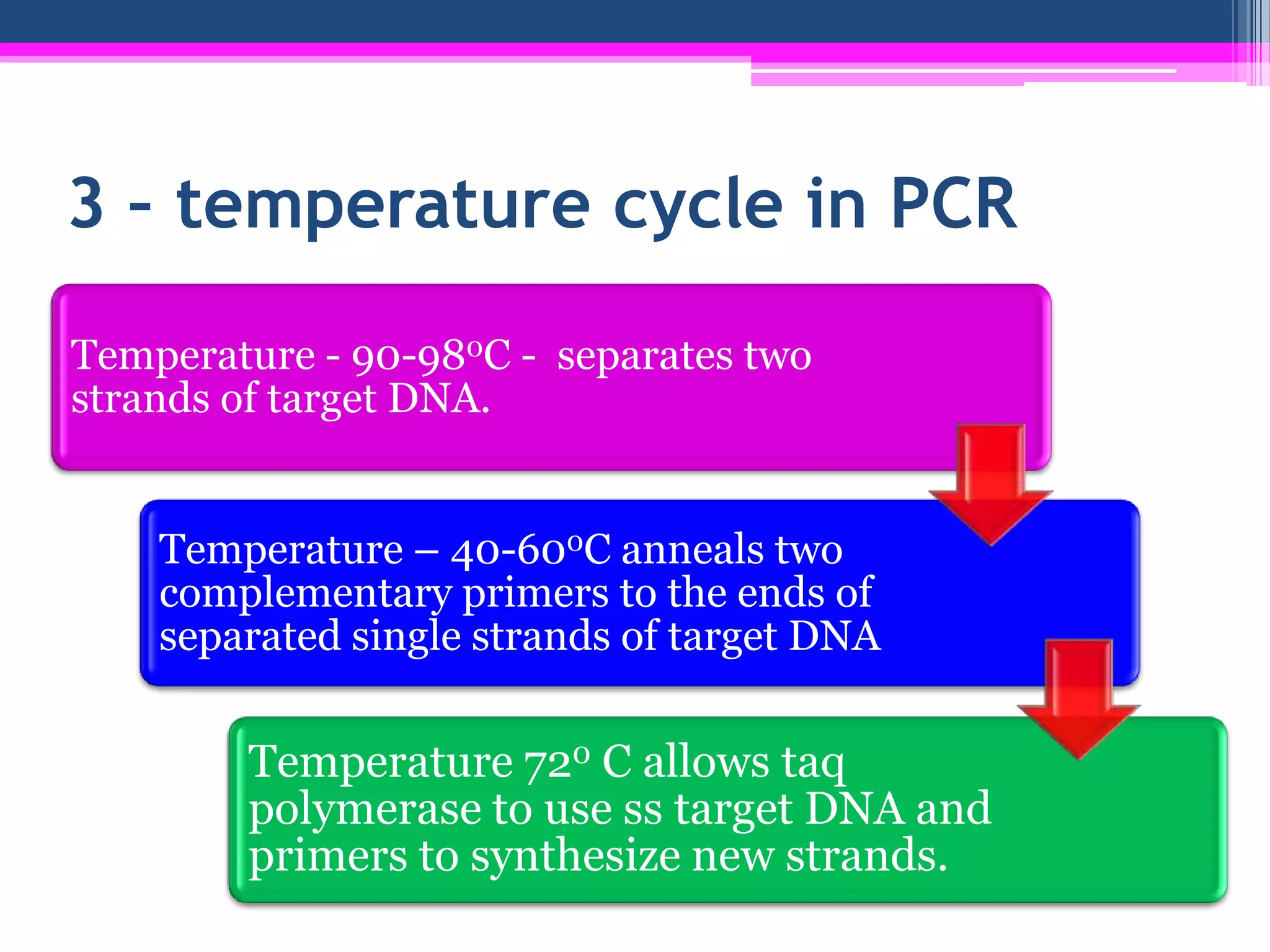 3 – temperature cycle in PCR

Temperature - 90-980C - separates two
strands of target DNA.


    Temperature – 40-600C anneals two
    complementary primers to the ends of
    separated single strands of target DNA

        Temperature 720 C allows taq
        polymerase to use ss target DNA and
        primers to synthesize new strands.
 