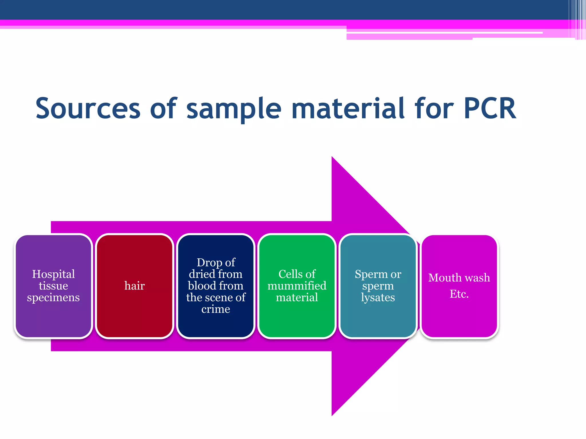 Sources of sample material for PCR




                     Drop of
 Hospital           dried from     Cells of   Sperm or   Mouth wash
  tissue    hair   blood from     mummified    sperm
specimens          the scene of    material    lysates      Etc.
                      crime
 