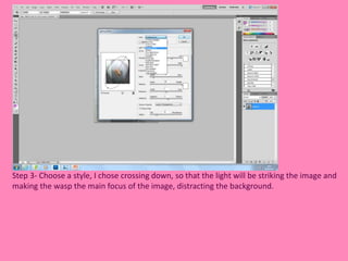 Step 3- Choose a style, I chose crossing down, so that the light will be striking the image and 
making the wasp the main focus of the image, distracting the background. 
 