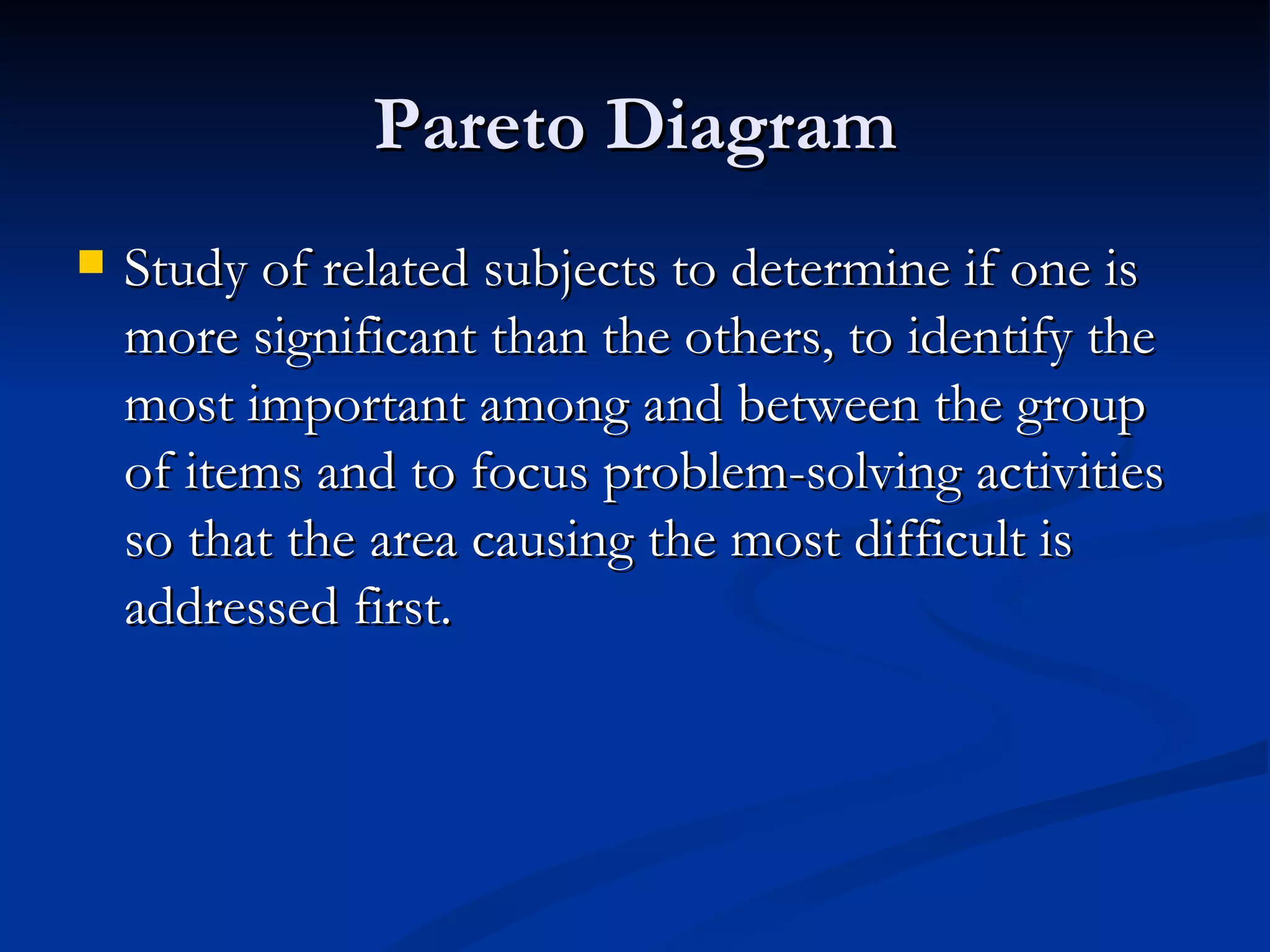Pareto Diagram
   Study of related subjects to determine if one is
    more significant than the others, to identify the
    most important among and between the group
    of items and to focus problem-solving activities
    so that the area causing the most difficult is
    addressed first.
 