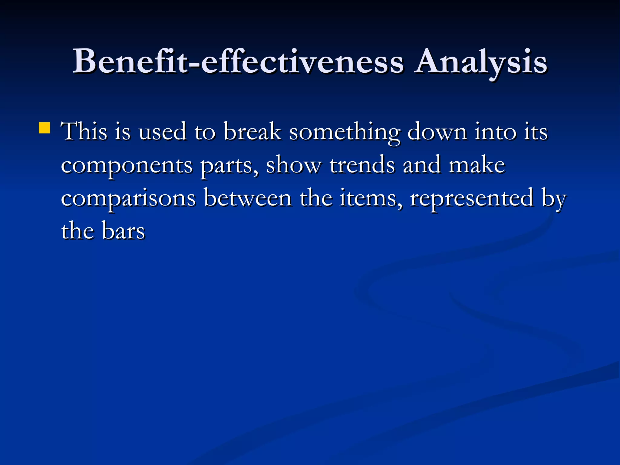 Benefit-effectiveness Analysis
   This is used to break something down into its
    components parts, show trends and make
    comparisons between the items, represented by
    the bars
 