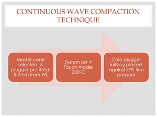 CONTINUOUS WAVE COMPACTION
TECHNIQUE
Master cone
selected &
plugger prefitted:
5-7mm from WL
System set in
Touch mode:
200oC
Cold plugger
initillay placed
against GP; firm
pressure
 