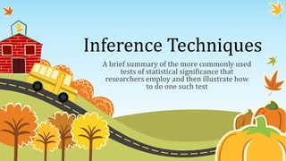 Inference Techniques
A brief summary of the more commonly used
tests of statistical significance that
researchers employ and then illustrate how
to do one such test
 