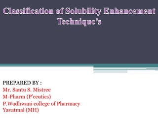 PREPARED BY :
Mr. Santu S. Mistree
M-Pharm (P’ceutics)
P.Wadhwani college of Pharmacy
Yavatmal (MH)
 