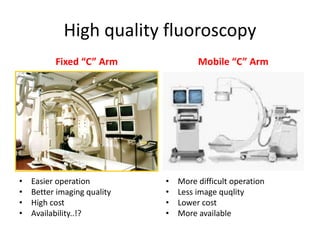 High quality fluoroscopy
Fixed “C” Arm
• Easier operation
• Better imaging quality
• High cost
• Availability..!?
Mobile “C” Arm
• More difficult operation
• Less image quqlity
• Lower cost
• More available
 