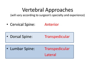 Vertebral Approaches
(will vary according to surgeon’s specialty and experience)
• Cervical Spine: Anterior
• Dorsal Spine: Transpedicular
• Lumbar Spine: Transpedicular
Lateral
 