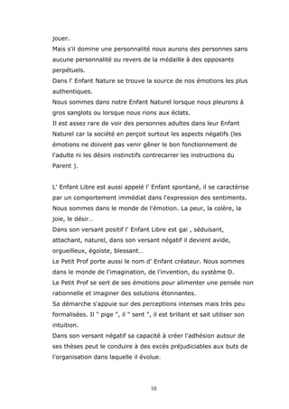 jouer.
Mais s'il domine une personnalité nous aurons des personnes sans
aucune personnalité ou revers de la médaille à des opposants
perpétuels.
Dans l' Enfant Nature se trouve la source de nos émotions les plus
authentiques.
Nous sommes dans notre Enfant Naturel lorsque nous pleurons à
gros sanglots ou lorsque nous rions aux éclats.
Il est assez rare de voir des personnes adultes dans leur Enfant
Naturel car la société en perçoit surtout les aspects négatifs (les
émotions ne doivent pas venir gêner le bon fonctionnement de
l'adulte ni les désirs instinctifs contrecarrer les instructions du
Parent ).
L' Enfant Libre est aussi appelé l' Enfant spontané, il se caractérise
par un comportement immédiat dans l'expression des sentiments.
Nous sommes dans le monde de l'émotion. La peur, la colère, la
joie, le désir…
Dans son versant positif l' Enfant Libre est gai , séduisant,
attachant, naturel, dans son versant négatif il devient avide,
orgueilleux, égoïste, blessant…
Le Petit Prof porte aussi le nom d' Enfant créateur. Nous sommes
dans le monde de l'imagination, de l'invention, du système D.
Le Petit Prof se sert de ses émotions pour alimenter une pensée non
rationnelle et imaginer des solutions étonnantes.
Sa démarche s'appuie sur des perceptions intenses mais très peu
formalisées. Il " pige ", il " sent ", il est brillant et sait utiliser son
intuition.
Dans son versant négatif sa capacité à créer l'adhésion autour de
ses thèses peut le conduire à des excès préjudiciables aux buts de
l'organisation dans laquelle il évolue.

10

 