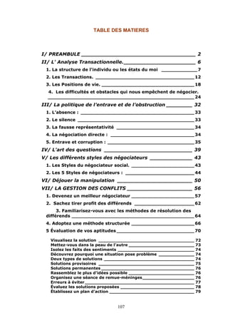 TABLE DES MATIERES

I/ PREAMBULE ___________________________________ 2
II/ L' Analyse Transactionnelle.______________________ 6
1. La structure de l'individu ou les états du moi ____________ 7
2. Les Transactions. _________________________________ 12
3. Les Positions de vie. _______________________________ 18
4. Les difficultés et obstacles qui nous empêchent de négocier.
_________________________________________________ 24

III/ La politique de l’entrave et de l’obstruction ________ 32
1. L’absence : ______________________________________ 33
2. Le silence _______________________________________ 33
3. La fausse représentativité __________________________ 34
4. La négociation directe : ____________________________ 34
5. Entrave et corruption : _____________________________ 35

IV/ L'art des questions ___________________________ 39
V/ Les différents styles des négociateurs _____________ 43
1. Les Styles du négociateur social. _____________________ 43
2. Les 5 Styles de négociateurs : _______________________ 44

VI/ Déjouer la manipulation _______________________ 50
VII/ LA GESTION DES CONFLITS ____________________ 56
1. Devenez un meilleur négociateur _____________________ 57
2. Sachez tirer profit des différends ____________________ 62
3. Familiarisez-vous avec les méthodes de résolution des
différends _________________________________________ 64
4. Adoptez une méthode structurée _____________________ 66
5 Évaluation de vos aptitudes __________________________ 70
Visualisez la solution ___________________________________ 72
Mettez-vous dans la peau de l'autre ________________________ 73
Isolez les faits des sentiments ____________________________ 74
Découvrez pourquoi une situation pose problème _____________ 74
Deux types de solutions _________________________________ 74
Solutions provisoires ___________________________________ 75
Solutions permanentes __________________________________ 76
Rassemblez le plus d'idées possible ________________________ 76
Organisez une séance de remue-méninges___________________ 76
Erreurs à éviter ________________________________________ 77
Évaluez les solutions proposées ___________________________ 78
Établissez un plan d'action _______________________________ 79

107

 