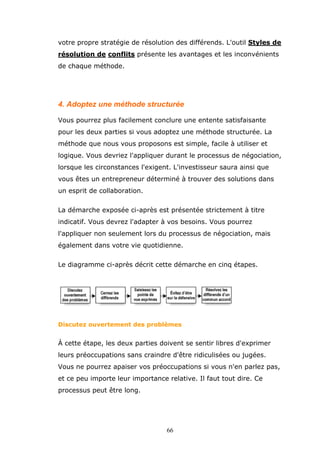 votre propre stratégie de résolution des différends. L'outil Styles de
résolution de conflits présente les avantages et les inconvénients
de chaque méthode.

4. Adoptez une méthode structurée
Vous pourrez plus facilement conclure une entente satisfaisante
pour les deux parties si vous adoptez une méthode structurée. La
méthode que nous vous proposons est simple, facile à utiliser et
logique. Vous devriez l'appliquer durant le processus de négociation,
lorsque les circonstances l'exigent. L'investisseur saura ainsi que
vous êtes un entrepreneur déterminé à trouver des solutions dans
un esprit de collaboration.
La démarche exposée ci-après est présentée strictement à titre
indicatif. Vous devrez l'adapter à vos besoins. Vous pourrez
l'appliquer non seulement lors du processus de négociation, mais
également dans votre vie quotidienne.
Le diagramme ci-après décrit cette démarche en cinq étapes.

Discutez ouvertement des problèmes

À cette étape, les deux parties doivent se sentir libres d'exprimer
leurs préoccupations sans craindre d'être ridiculisées ou jugées.
Vous ne pourrez apaiser vos préoccupations si vous n'en parlez pas,
et ce peu importe leur importance relative. Il faut tout dire. Ce
processus peut être long.

66

 