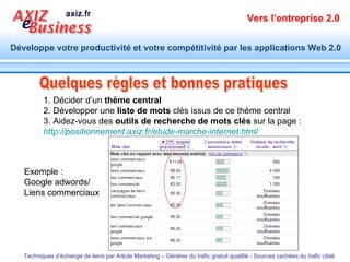 Quelques règles et bonnes pratiques  1. Décider d’un  thème central 2. Développer une  liste de mots  clés issus de ce thème central 3. Aidez-vous des  outils de recherche de mots clés  sur la page : http:// positionnement.axiz.fr / etude-marche-internet.html   Exemple : Google adwords/  Liens commerciaux 