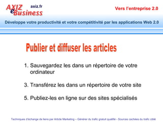 Sauvegardez les dans un répertoire de votre ordinateur Transférez les dans un répertoire de votre site Publiez-les en ligne sur des sites spécialisés  Publier et diffuser les articles 