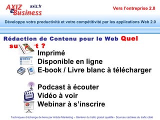 Rédaction de Contenu pour le Web   Quel support ? Imprimé  Disponible en ligne E-book / Livre blanc à télécharger Podcast à écouter Vidéo à voir Webinar à s’inscrire 