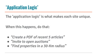 ‘Application Logic’
The ‘application logic’ is what makes each site unique.
When this happens, do that:
● “Create a PDF of recent 5 articles”
● “Invite to open auctions”
● “Find properties in a 30-Km radius”
 