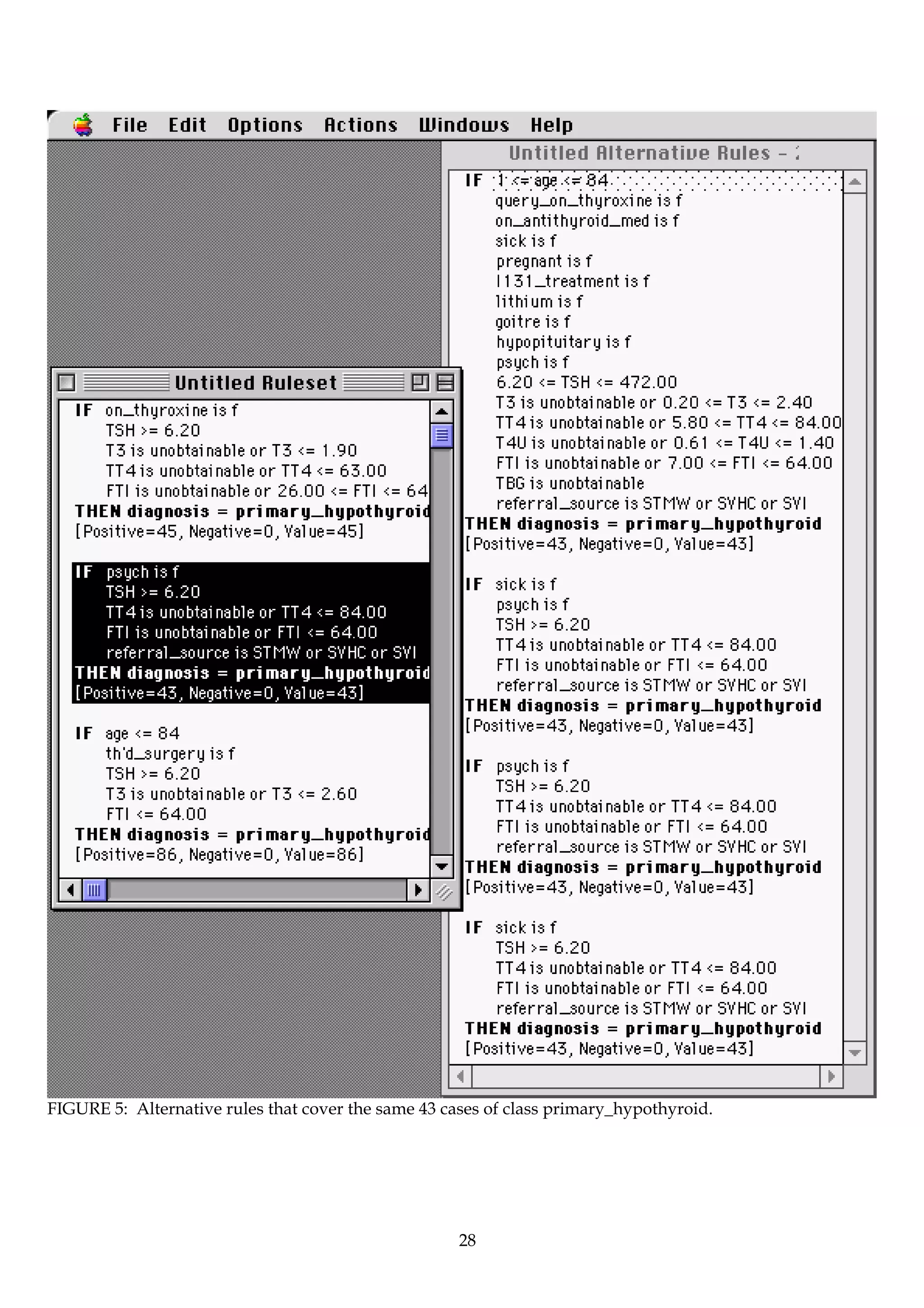 FIGURE 5: Alternative rules that cover the same 43 cases of class primary_hypothyroid.




                                                     28
 