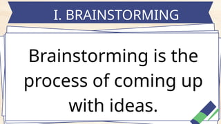 I. BRAINSTORMING
Brainstorming is the
process of coming up
with ideas.
 