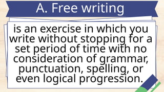 A. Free writing
is an exercise in which you
write without stopping for a
set period of time with no
consideration of grammar,
punctuation, spelling, or
even logical progression.
 