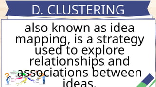 D. CLUSTERING
also known as idea
mapping, is a strategy
used to explore
relationships and
associations between
 