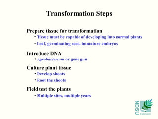 Transformation Steps

Prepare tissue for transformation
   • Tissue must be capable of developing into normal plants
   • Leaf, germinating seed, immature embryos

Introduce DNA
   • Agrobacterium or gene gun

Culture plant tissue
   • Develop shoots
   • Root the shoots

Field test the plants
   • Multiple sites, multiple years




                                                       NDSU
                                                              Extension
 