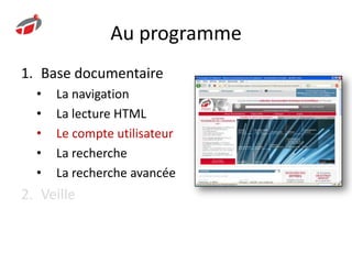 Base documentaire>La navigationL’interfaceFlash permet de naviguer dans les rubriques et sous-rubriques en restant dans le même écran jusqu’à la présentation des articles.Ce mode affiche en bas à droite la succession d’étapes.BNR pour UCL – Droits réservés