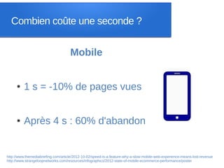Combien coûte une seconde ?


                                     Mobile


     ●    1 s = -10% de pages vues


     ●    Après 4 s : 60% d'abandon


http://www.themediabriefing.com/article/2012-10-02/speed-is-a-feature-why-a-slow-mobile-web-experience-means-lost-revenue
http://www.strangeloopnetworks.com/resources/infographics/2012-state-of-mobile-ecommerce-performance/poster
     /
 