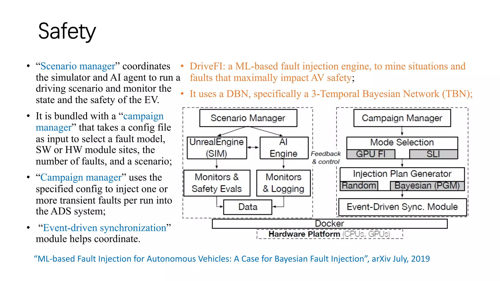 Safety
• “Scenario manager” coordinates
the simulator and AI agent to run a
driving scenario and monitor the
state and the safety of the EV.
• It is bundled with a “campaign
manager” that takes a config file
as input to select a fault model,
SW or HW module sites, the
number of faults, and a scenario;
• “Campaign manager” uses the
specified config to inject one or
more transient faults per run into
the ADS system;
• “Event-driven synchronization”
module helps coordinate.
“ML-based Fault Injection for Autonomous Vehicles: A Case for Bayesian Fault Injection”, arXiv July, 2019
• DriveFI: a ML-based fault injection engine, to mine situations and
faults that maximally impact AV safety;
• It uses a DBN, specifically a 3-Temporal Bayesian Network (TBN);
 