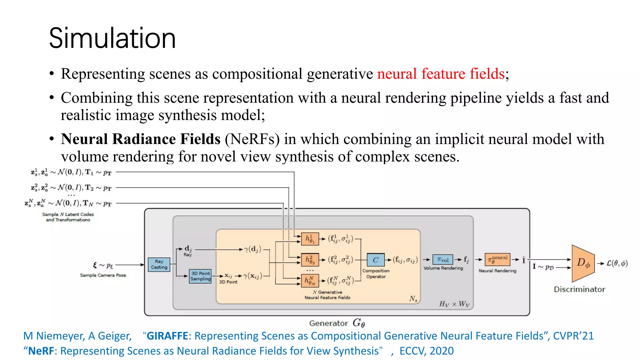 Simulation
• Representing scenes as compositional generative neural feature fields;
• Combining this scene representation with a neural rendering pipeline yields a fast and
realistic image synthesis model;
• Neural Radiance Fields (NeRFs) in which combining an implicit neural model with
volume rendering for novel view synthesis of complex scenes.
M Niemeyer, A Geiger, “GIRAFFE: Representing Scenes as Compositional Generative Neural Feature Fields”, CVPR’21
“NeRF: Representing Scenes as Neural Radiance Fields for View Synthesis”, ECCV, 2020
 