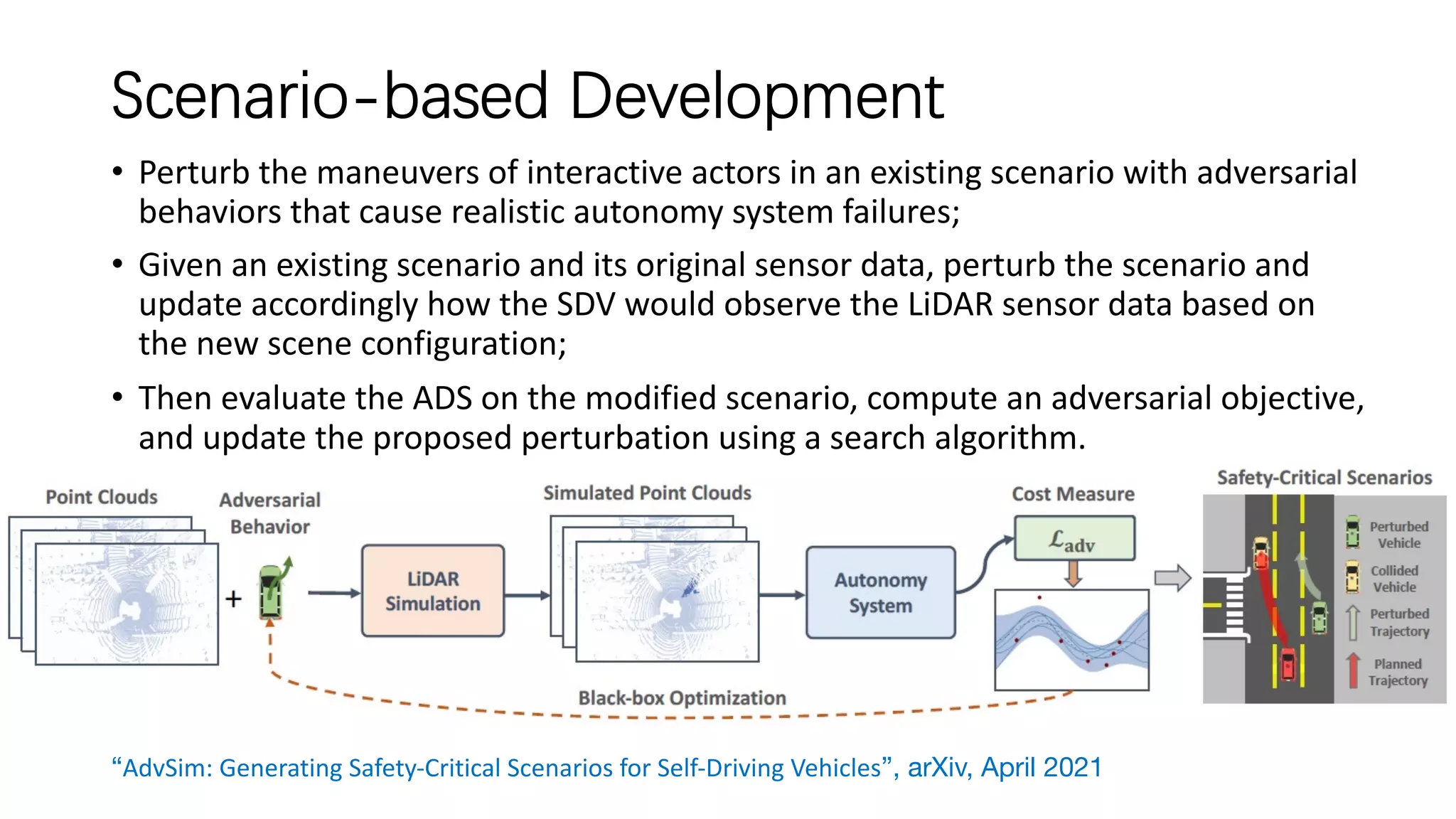 Scenario-based Development
“AdvSim: Generating Safety-Critical Scenarios for Self-Driving Vehicles”, arXiv, April 2021
• Perturb the maneuvers of interactive actors in an existing scenario with adversarial
behaviors that cause realistic autonomy system failures;
• Given an existing scenario and its original sensor data, perturb the scenario and
update accordingly how the SDV would observe the LiDAR sensor data based on
the new scene configuration;
• Then evaluate the ADS on the modified scenario, compute an adversarial objective,
and update the proposed perturbation using a search algorithm.
 