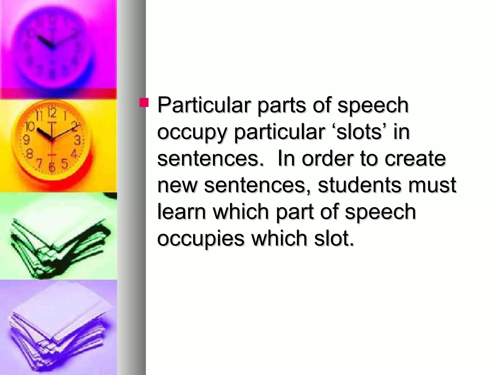  Particular parts of speechParticular parts of speech
occupy particular ‘slots’ inoccupy particular ‘slots’ in
sentences. In order to createsentences. In order to create
new sentences, students mustnew sentences, students must
learn which part of speechlearn which part of speech
occupies which slot.occupies which slot.
 