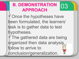B. DEMONSTRATION 03 
APPROACH 
Once the hypotheses have 
been formulated, the learners’ 
task is to gather data to test 
hypotheses. 
The gathered data are being 
organized then data analysis 
follow to arrive to 
conclusion/generalization. 
 